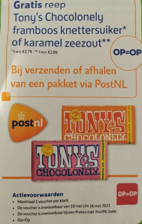 Ontvang bij verzending of pakket via Post NL bij Poiesz een gratis reep Tony's Chocolonely