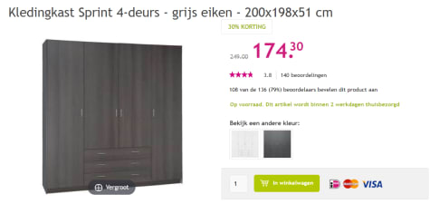 haalbaar perspectief Begunstigde Kledingkast Sprint 4-deurs - grijs eiken voor €174,30