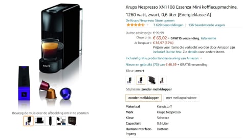 Krups Nespresso Essenza Mini XN1108 - Koffiecupmachine - Zwart voor €63,02