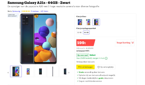 Samsung Galaxy A21s - 64GB - Zwart voor €199