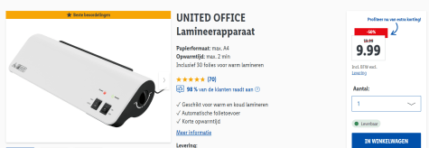 UNITED OFFICE Lamineerapparaat Inclusief 30 folies voor €9,99 in Lidl webshop