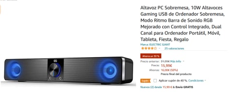 Altavoz PC Sobremesa, 10W Altavoces Gaming USB de Ordenador Sobremesa, Modo  Ritmo Barra de Sonido RGB