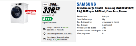 Lavadora carga frontal - Samsung WW80K5410UW por 339.15€ en MediaMarkt
