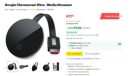 doorboren Geest Zilver SELECT DEAL] Google Chromecast Ultra voor €57,99