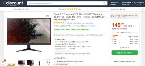 Ecran PC Gamer - ACER Nitro VG240YSbmiipx - 23,8 FHD - Dalle IPS - 1ms -  165Hz - 2xHDMI / DP - AMD FreeSync - Noir - Cdiscount Informatique