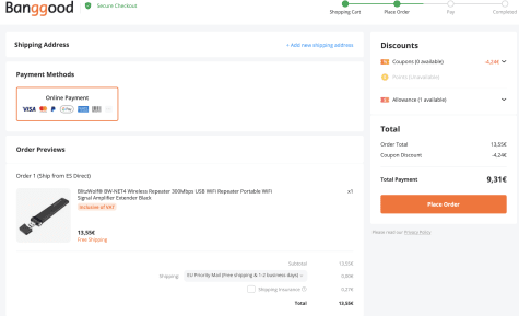 Repetidor WiFi inalámbrico BlitzWolf BW-NET4 de 300Mbps Repetidor