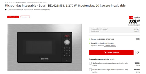 Microondas integrable - Bosch BEL623MS3, 1.270 W, 5 potencias, 20 l, Acero  inoxidable por 176.8€