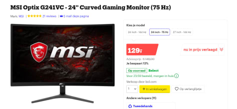 Msi Optix G241vc 24 Curved Gaming Monitor 75 Hz Voor 129