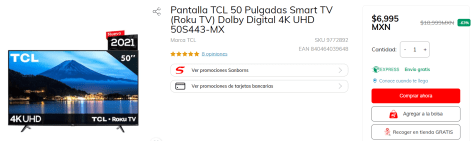 TCL Pantalla TCL 50' 4K Smart TV LED 50S443-MX Roku TV (2021