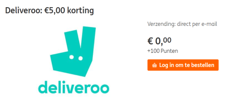 Deliveroo waardebon t.w.v €5 voor 100 ING punten Aanbiedingen