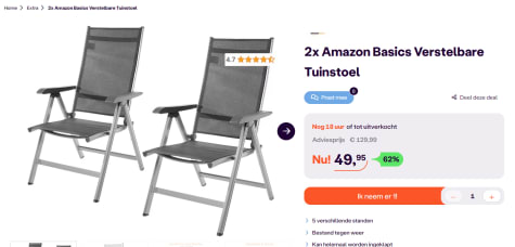 Set van 2 Amazon Basics Verstelbare Tuinstoelen voor €49,95 bij Ibood