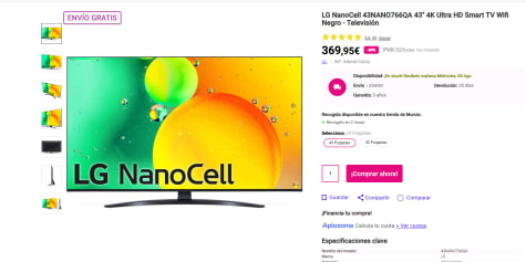 Televisor lg nanocell 43nano766qa 43'/ ultra hd 4k/ smart tv/ wifi