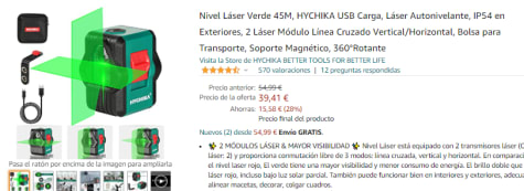 Nivel Láser Verde 45M, HYCHIKA USB Carga, Láser Autonivelante