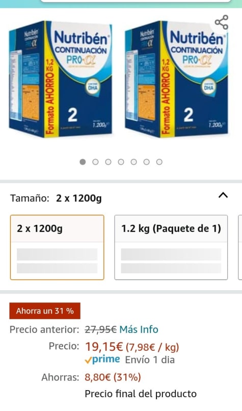 Nutribén Continuación ProAlfa 2, Leche en Polvo de Continuación para Bebés,  de 6 a 12 meses- Formato Ahorro 1 unidad 1200g : : Alimentación y  bebidas