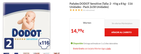 Pañales, Dodot, Sensitive, Talla 2, de 4 a 8 kg.