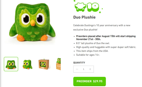 Peluche de Duo Plushie por $29,95 USD en Duolingo Store
