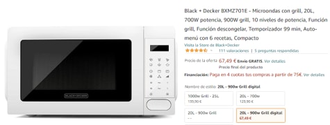 Black + Decker BXMZ701E - Microondas con grill, 20L, 700W potencia, 900W  grill, 10 niveles de potencia, Función grill, Función descongelar,  Temporizador 99 min, Auto-menú con 6 recetas, Compacto : : Hogar y  cocina