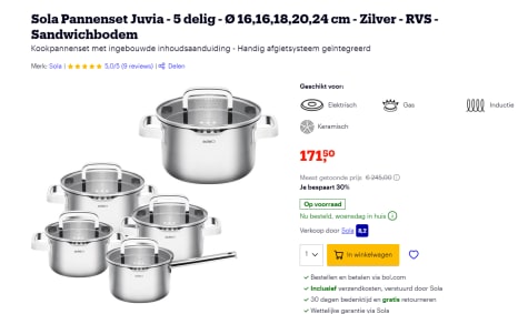 vork Voorzien contrast Sola Kookpannenset Juvia - 5-delig - RVS - Zilver voor €171,50 bij Bol.com