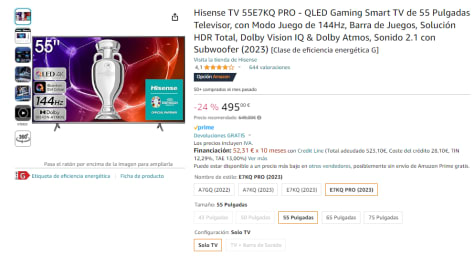 Hisense QLED Televisor 55 E7KQ PRO, Modo Juego de 144Hz, HDR total