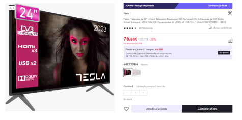 TESLA - Televisor de 24 (60cm), Televisión Resolución HD, No Smart OS, 2  Altavoces de 5W, Dolby Virtual Surround, VESA (2023) » Chollometro