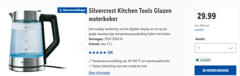 Glazen waterkoker 1,7 voor €29.99 in de Lidl webshop