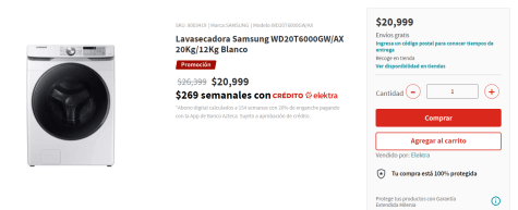 Lavasecadora Samsung a $20,999 en Elektra