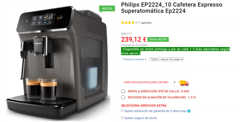 Philips EP2224/10, Cafetera espresso completamente automática, 2 bebidas,  espumador de leche, pantalla táctil. en