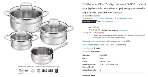 Tefal by Oliver 7-delige pannenset E494S7 | roestvrij voor €64,99