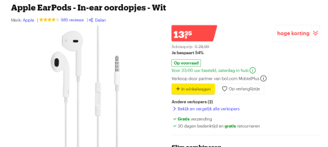 Apple EarPods wit voor €13,25
