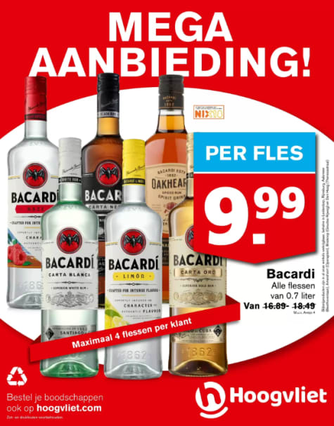 Alle flessen Bacardi 0,7L voor €9,99 bij Hoogvliet Aanbiedingen
