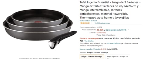 Tefal Ingenio Essential - Juego de 3 Sartenes + Mango extraíble: Sartenes  de 20/24/26 cm