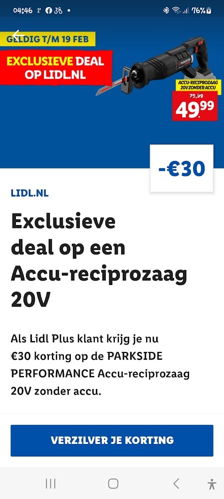 berekenen telex Weiland PARKSIDE PERFORMANCE Accu-reciprozaag 20V zonder accu voor €49,99 via de  Lidl plus app