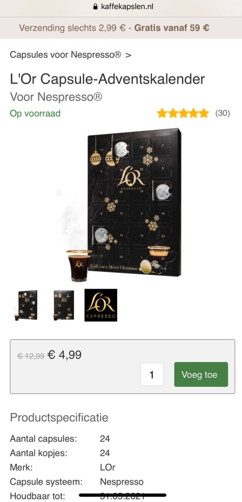 L'Or capsule adventskalender voor nespresso voor €4,99