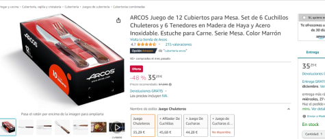 Pack 6 Cuchillos + 6 Tenedores Acero Inoxidable Arcos Mesa Marrón