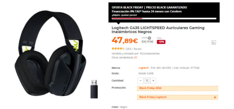 Logitech G435 LIGHTSPEED Auriculares Gaming Inalámbricos Negros