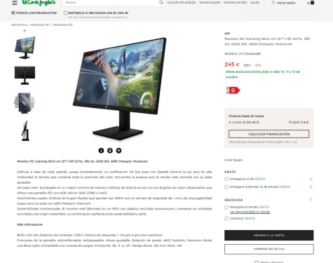 Monitor PC Gaming curvo 68,6 cm (27) HP X27c, 165 Hz, Full HD, AMD  FreeSync Premium · HP · El Corte Inglés