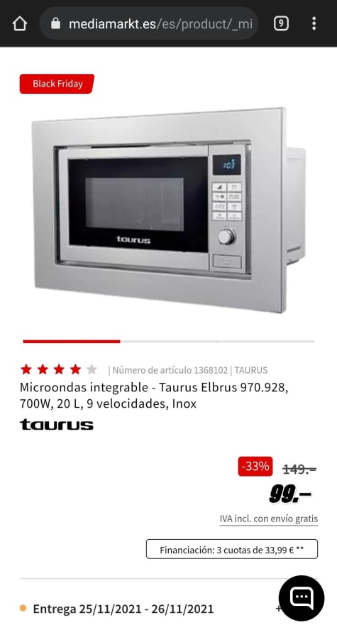 Microondas integrable - Taurus Elbrus 970.928, 700W, 20 L, 9 velocidades  por 99€