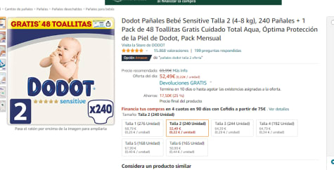 Dodot Pañales Bebé Sensitive Talla 2 (4-8 kg) 240 Pañales y