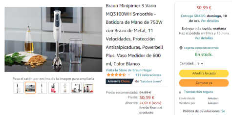 Braun Minipimer 3 Vario MQ3100WH Smoothie - Batidora de Mano de 750W con  Brazo de Metal, 11 Velocidades, Protección Antisalpicaduras, Powerbell  Plus, Vaso Medidor de 600 ml, Color Blanco : : Hogar y cocina