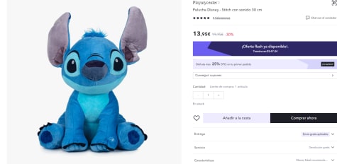 Disney Peluche Stitch 25 cm - Juguettos