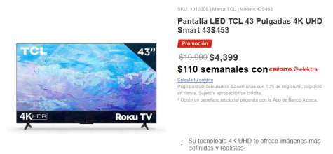 Pantalla TCL 43 pulgadas 4k UHD Roku TV 43s453