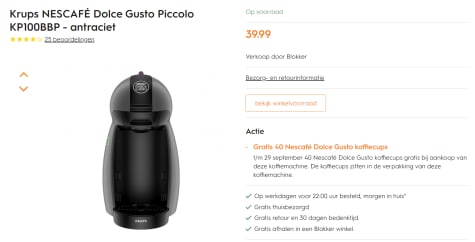 Dolce Gusto Piccolo Antraciet KP100B Bonus met 40 Nescafé Dolce koffiecups voor €39,99
