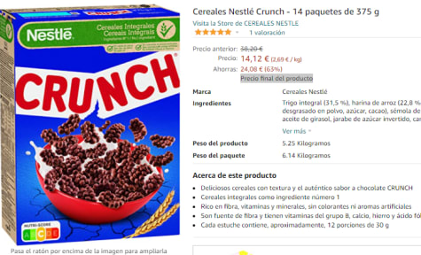 Cereales Nestlé Crunch - 14 paquetes de 375 g : : Alimentación y  bebidas