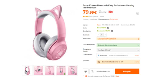 Razer Kraken Bluetooth Kitty Auriculares Gaming Inalámbricos Blanco/Rosa