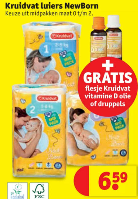 Kruidvat luiers met gratis flesje vitamine D olie of druppels €6,59