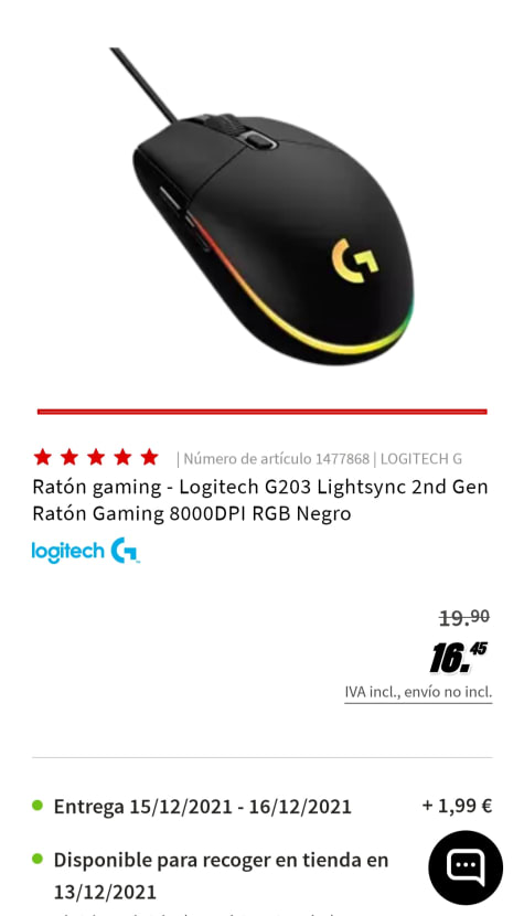 Logitech G203 Lightsync 2nd Gen Ratón Gaming 8000DPI RGB Negro
