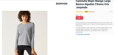 Camiseta fitness manga larga básica algodón Mujer Domyos