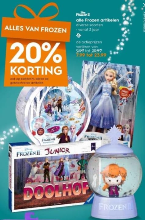 sectie De Alpen Broer 50% korting op geselecteerd speelgoed met rode stickers en 20% korting op  Frozen speelgoed.