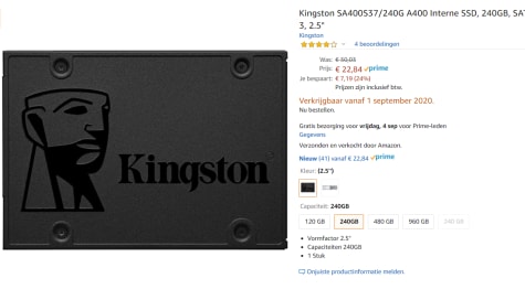 Kingston A400, 240 GB SSD voor €22,84 Aanbiedingen