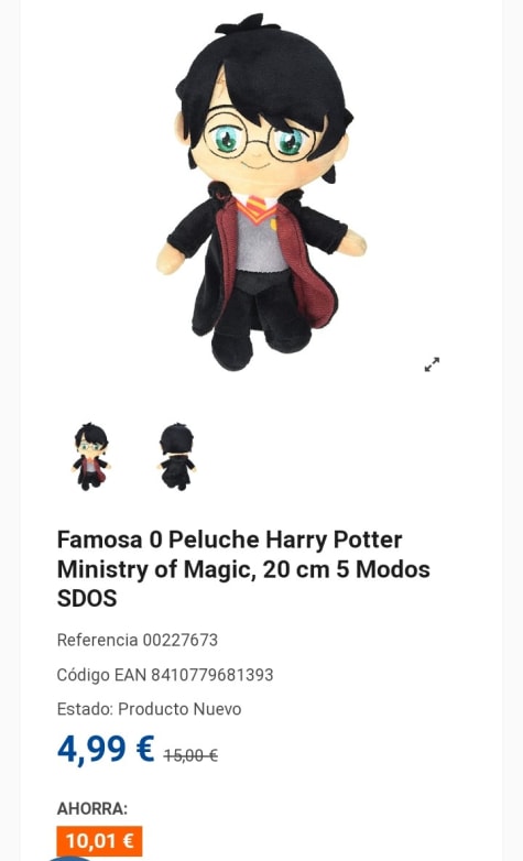 Famosa Peluche Harry Potter Ministry of Magic, 20 cm por 4,99€.